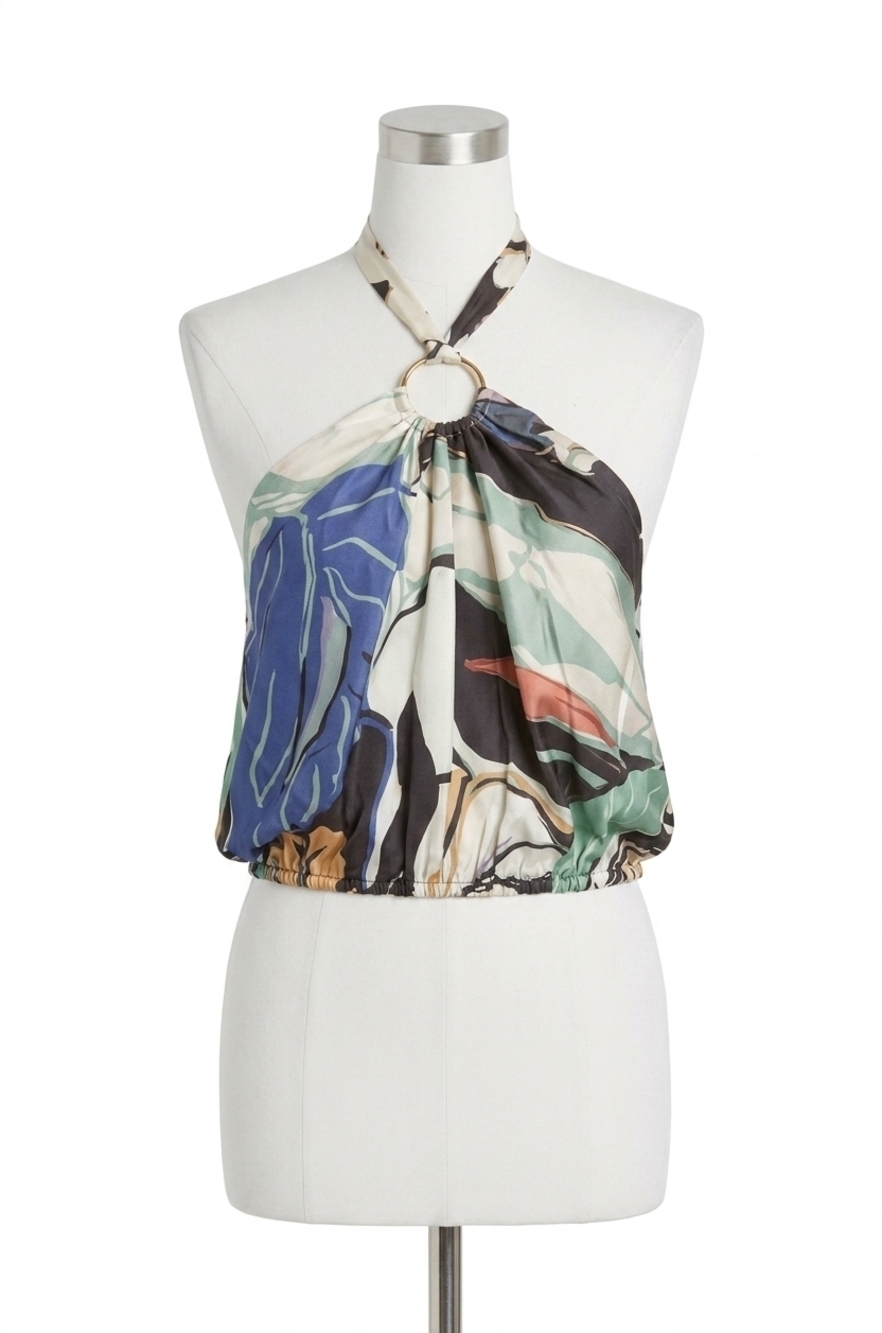 NEW ELAN botanical printed halter top in multi